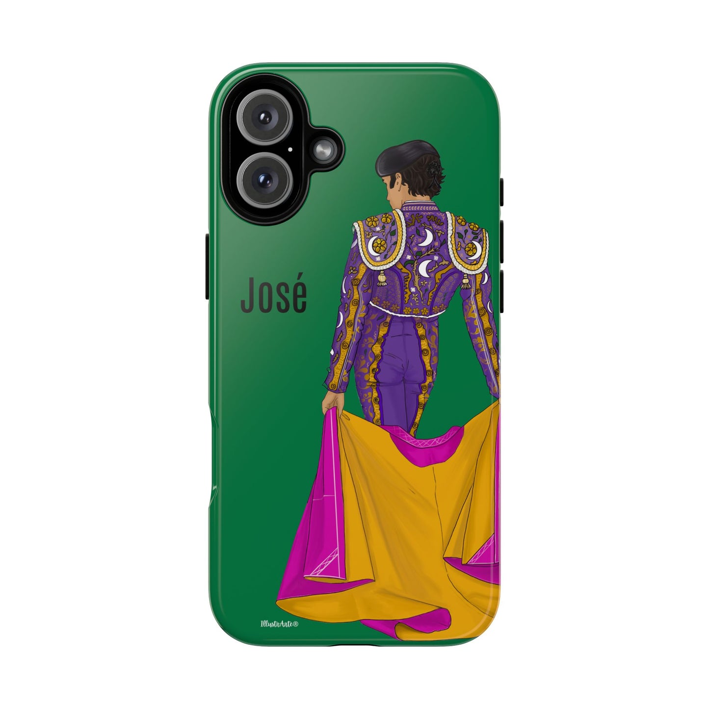 una funda de teléfono con una imagen de un hombre en un atuendo púrpura y amarillo