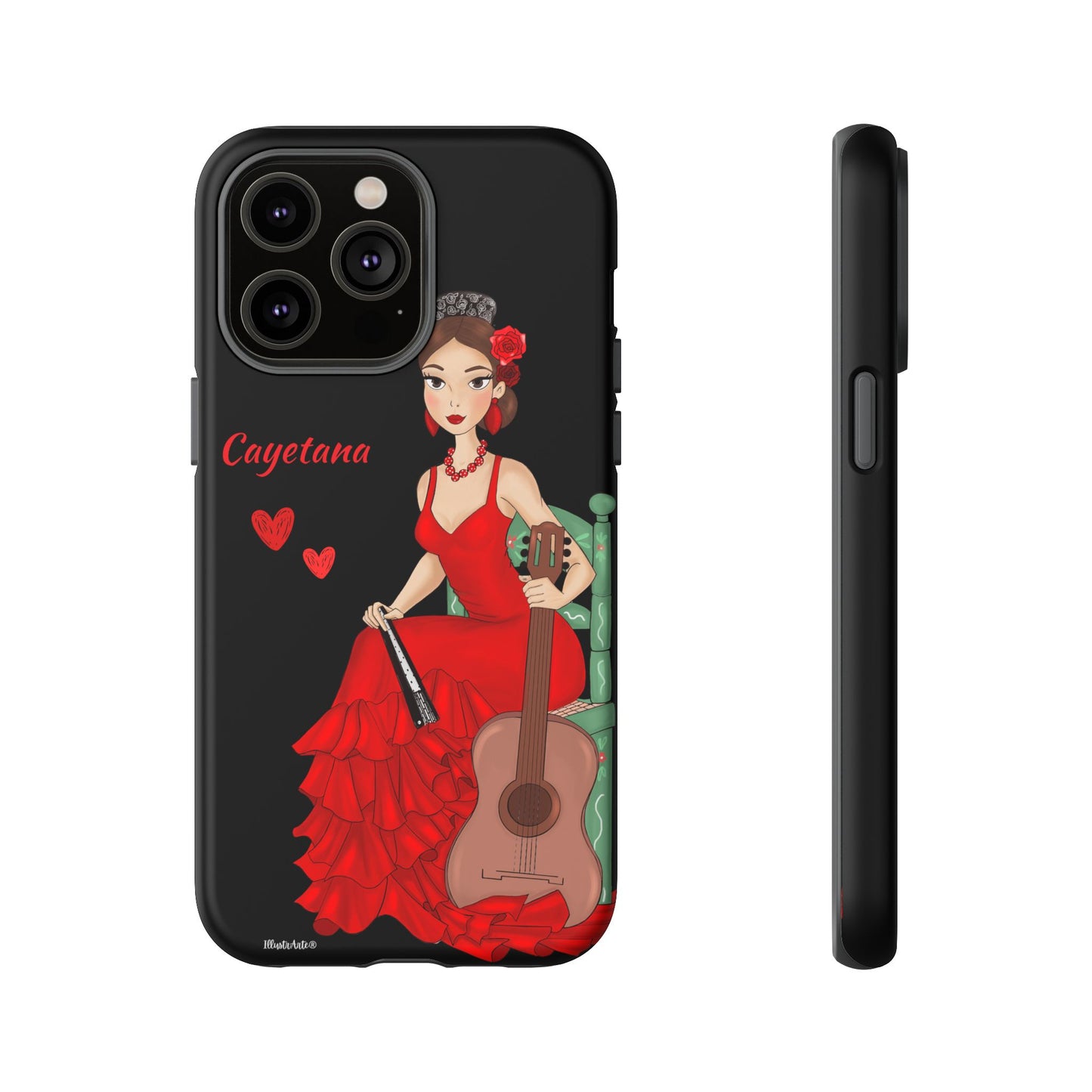 una funda de teléfono con una mujer en un vestido rojo sosteniendo una guitarra