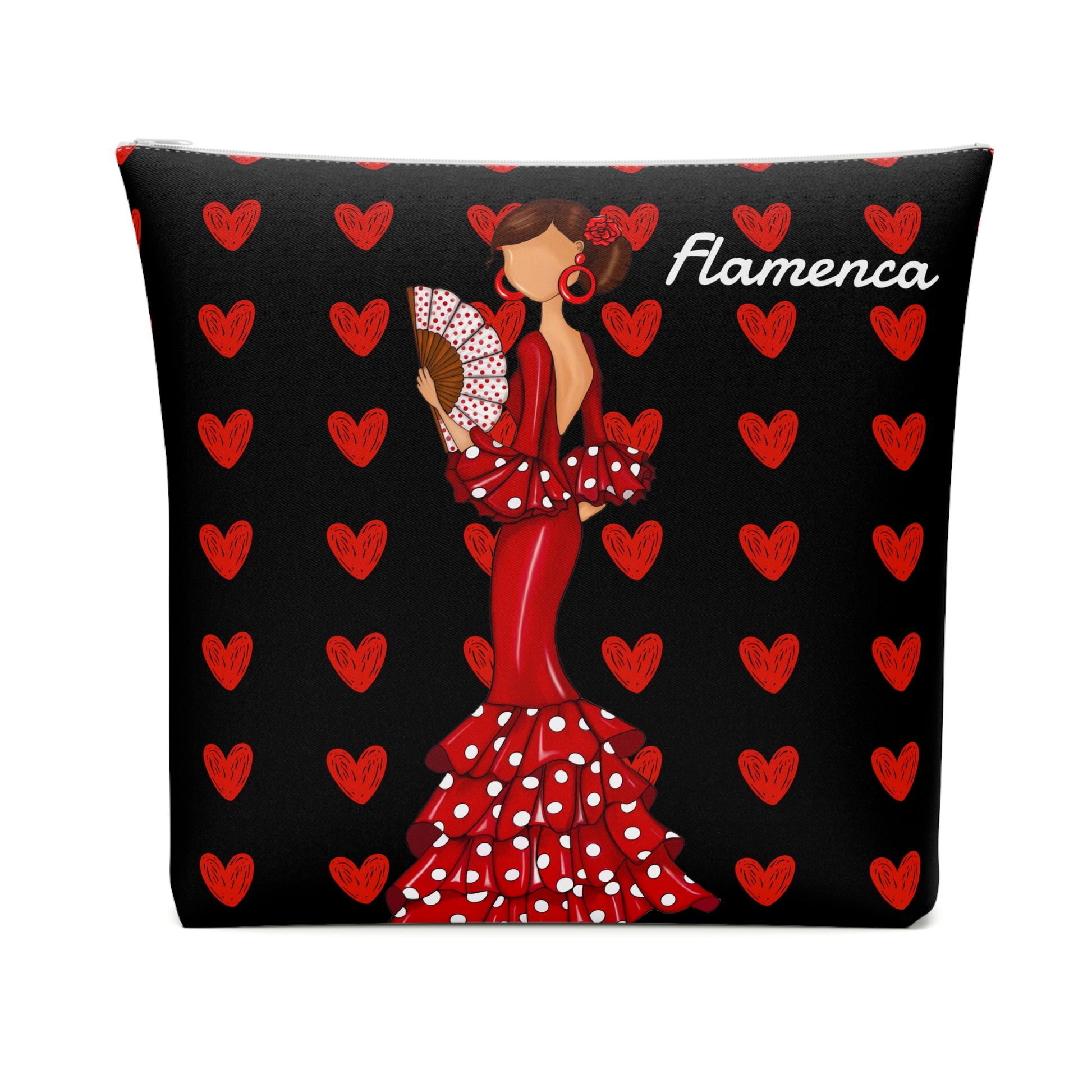 una almohada con una mujer en un vestido rojo sosteniendo un ramo de flores