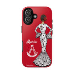 Personalised phone case flamenco dancer María Blanco, red background, with the Virgen del Rocío for iPhone 17, gloss finish – illustrArte