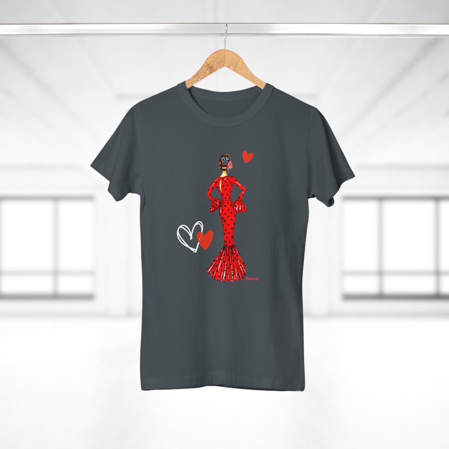 a t - shirt with a woman in a red dress holding a heart