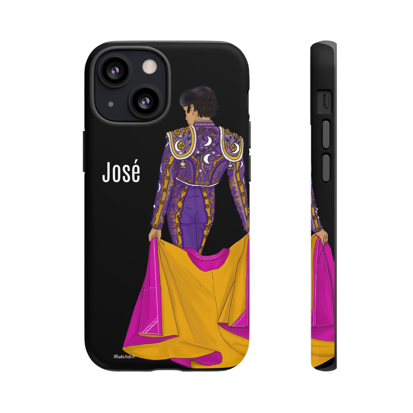 una funda de teléfono con una imagen de una mujer en un traje morado y amarillo