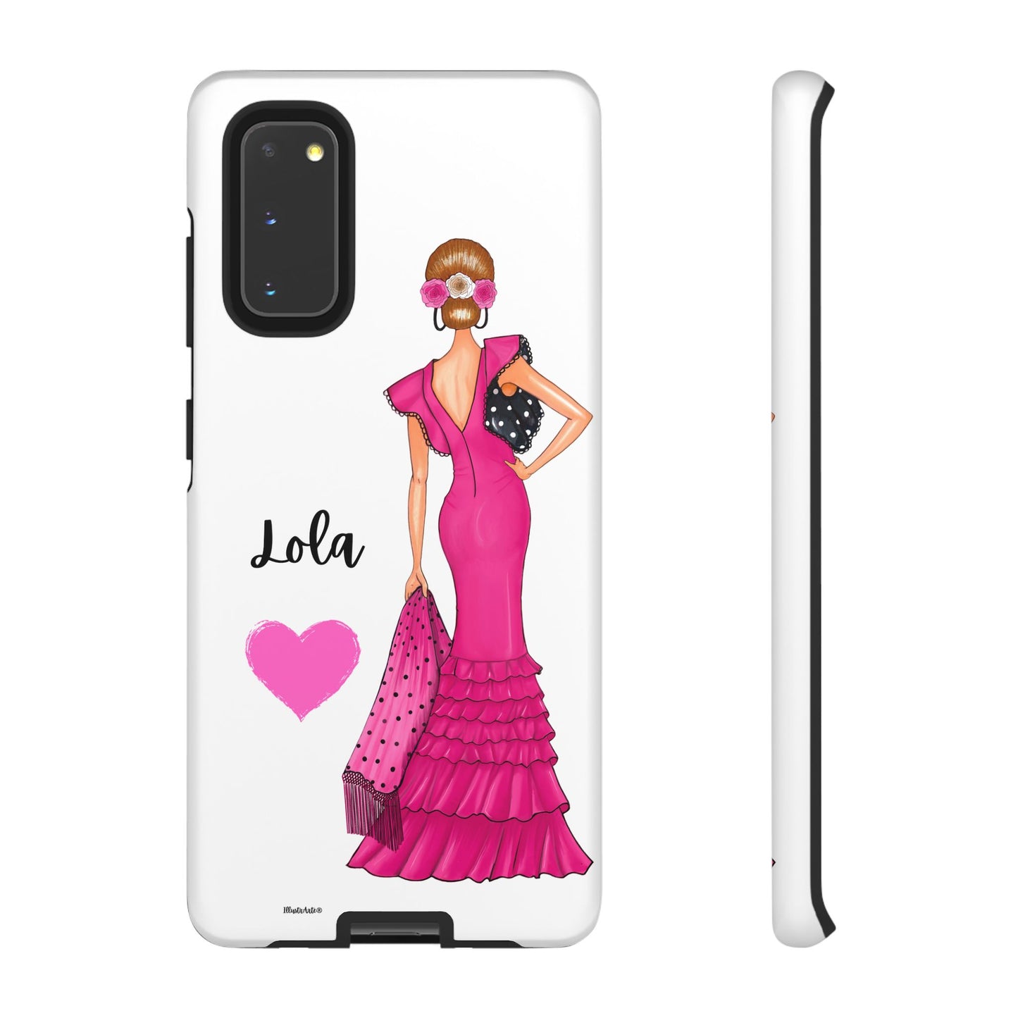 Funda de teléfono personalizable con nombre/bandera/Virgen - Modelo Manuela vestido rosa, perfecta para un regalo especial.