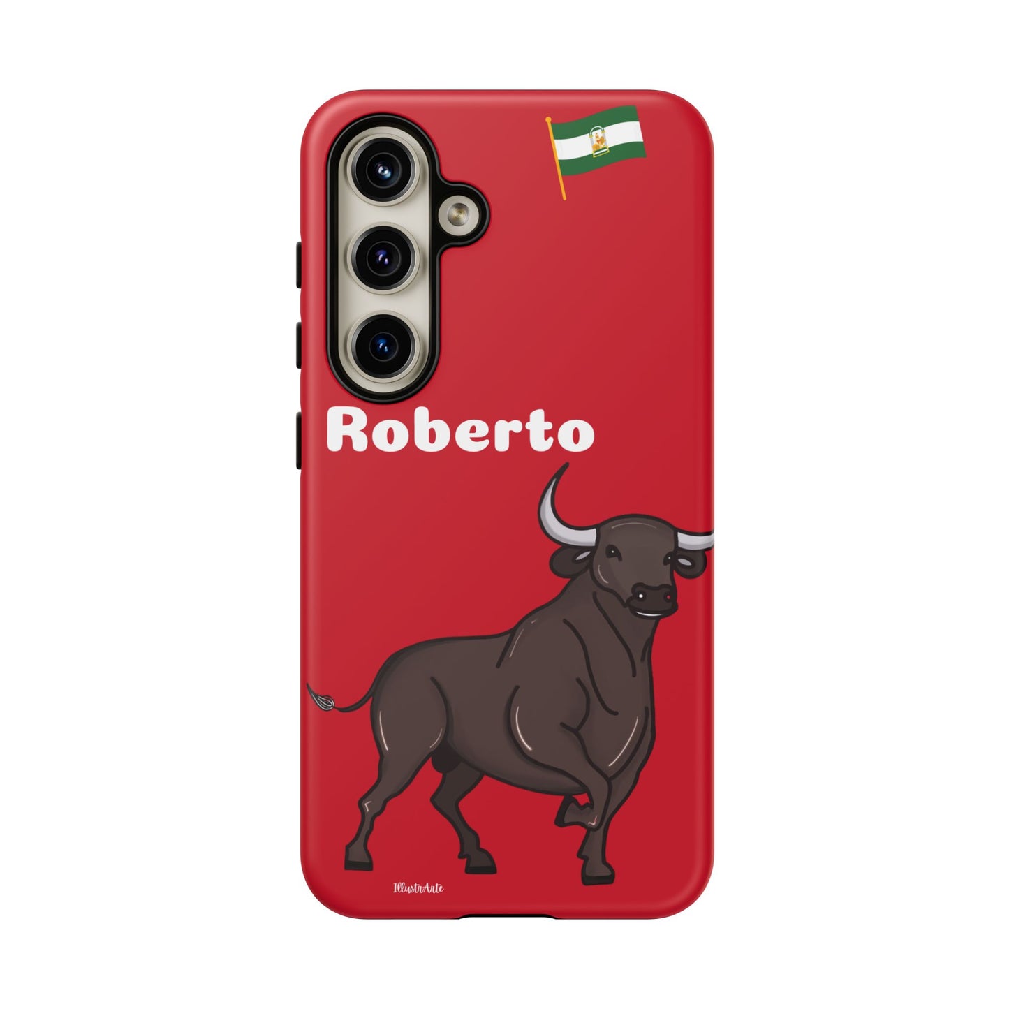 una funda de teléfono roja con un toro en ella