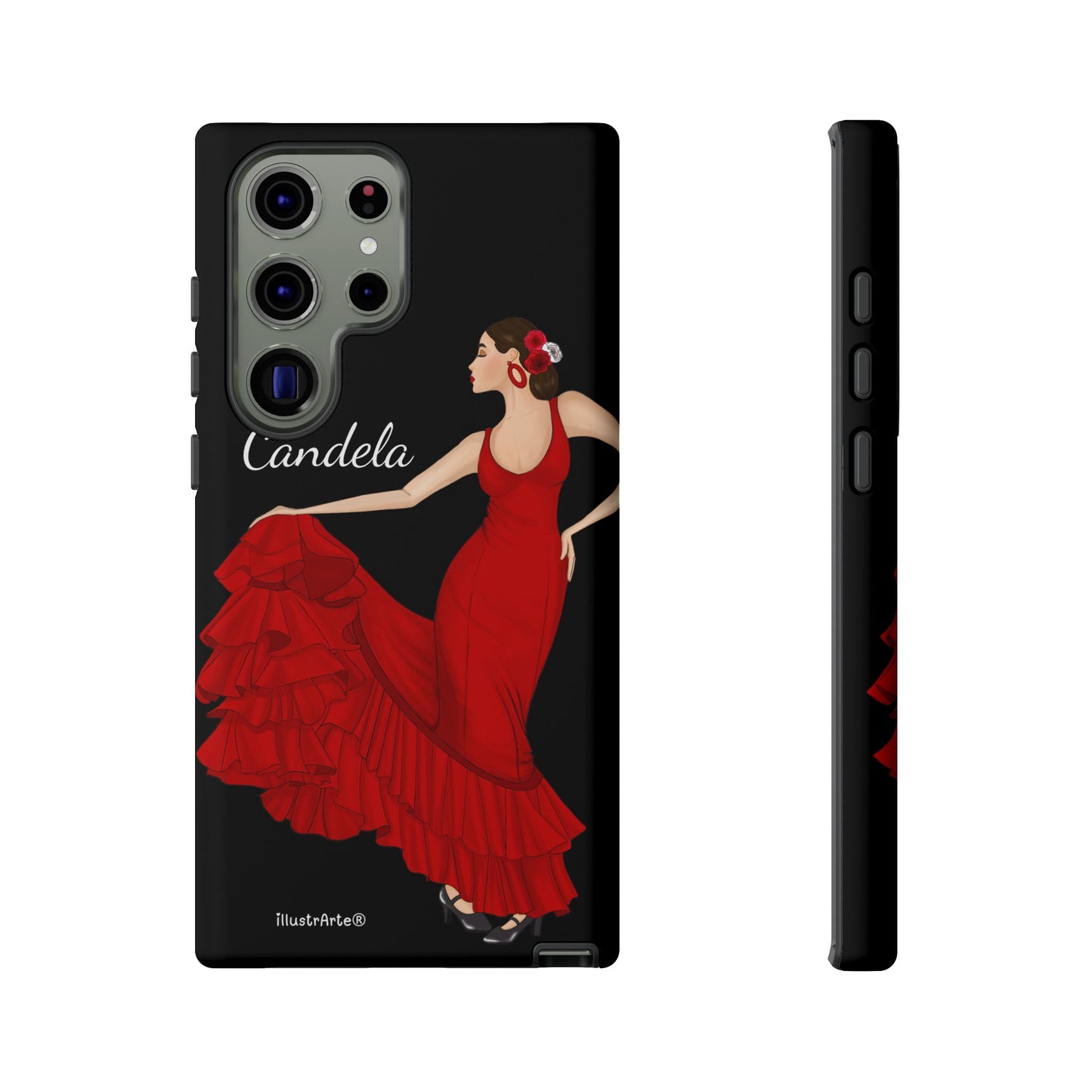 Capa de telefone personalizável. Modelo Candela com fundo preto. Para iPhone, Samsung Galaxy S e Google Pixel. 