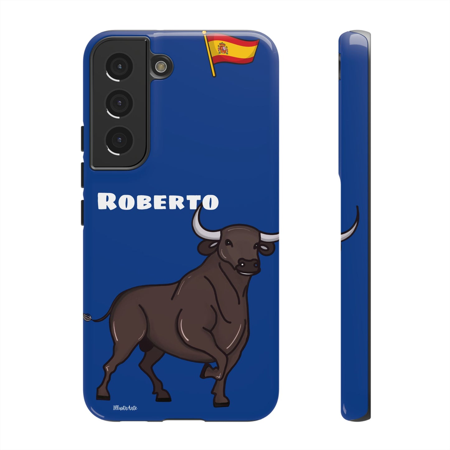 Funda de teléfono personalizable con nombre/bandera/Virgen - Modelo Toro Roberto, diseño exclusivo que resalta en el mercado.