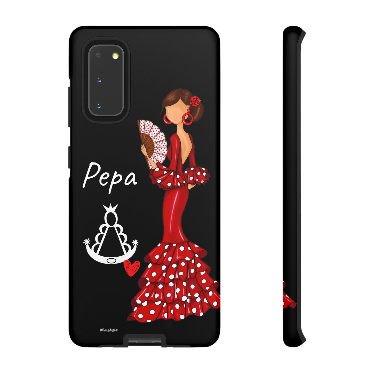 una funda de teléfono con una mujer en un vestido rojo