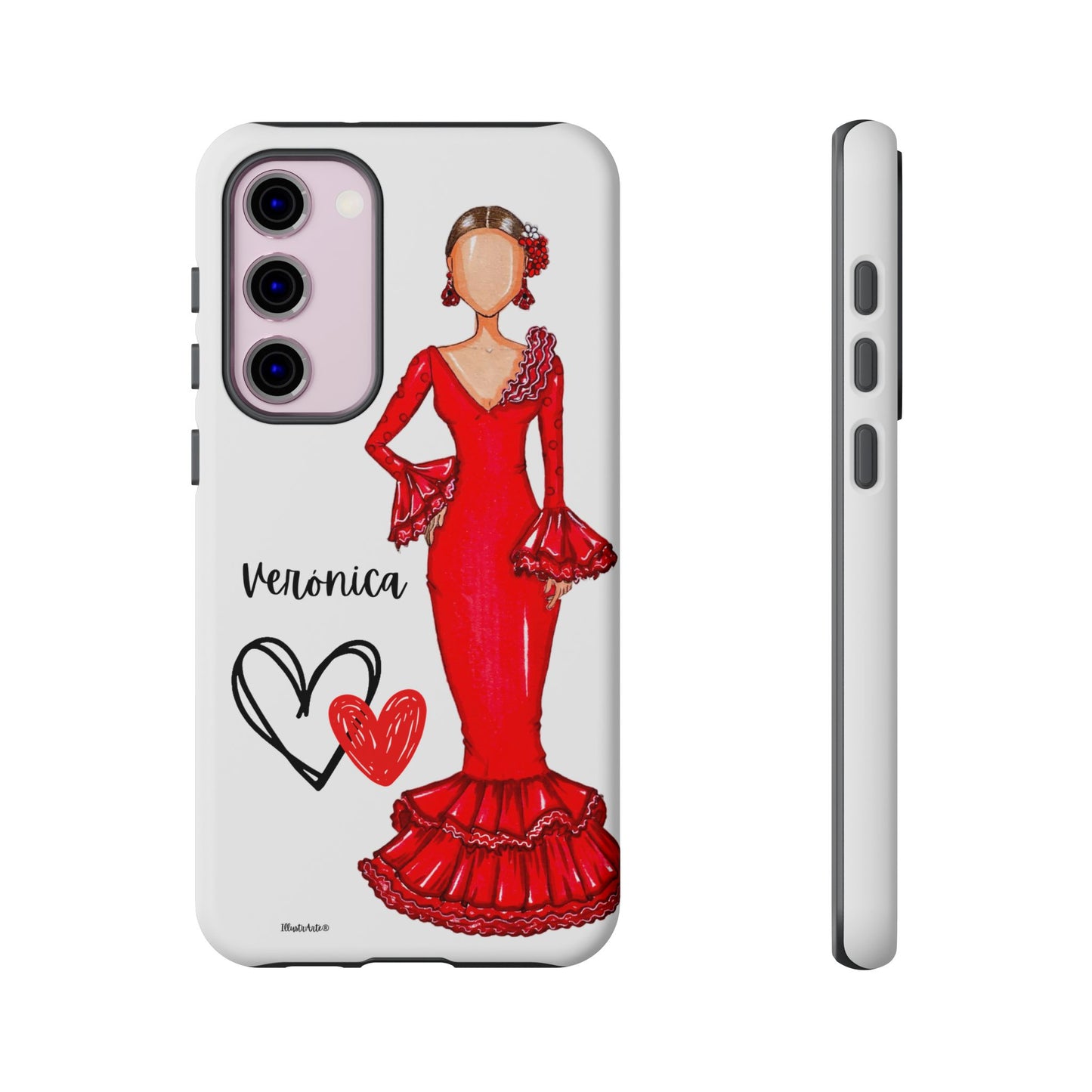 una funda de teléfono con un dibujo de una mujer en un vestido rojo