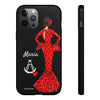 Funda de teléfono personalizable María rojo pelo oscuro fondo negro – para iPhone, Samsung, Pixel