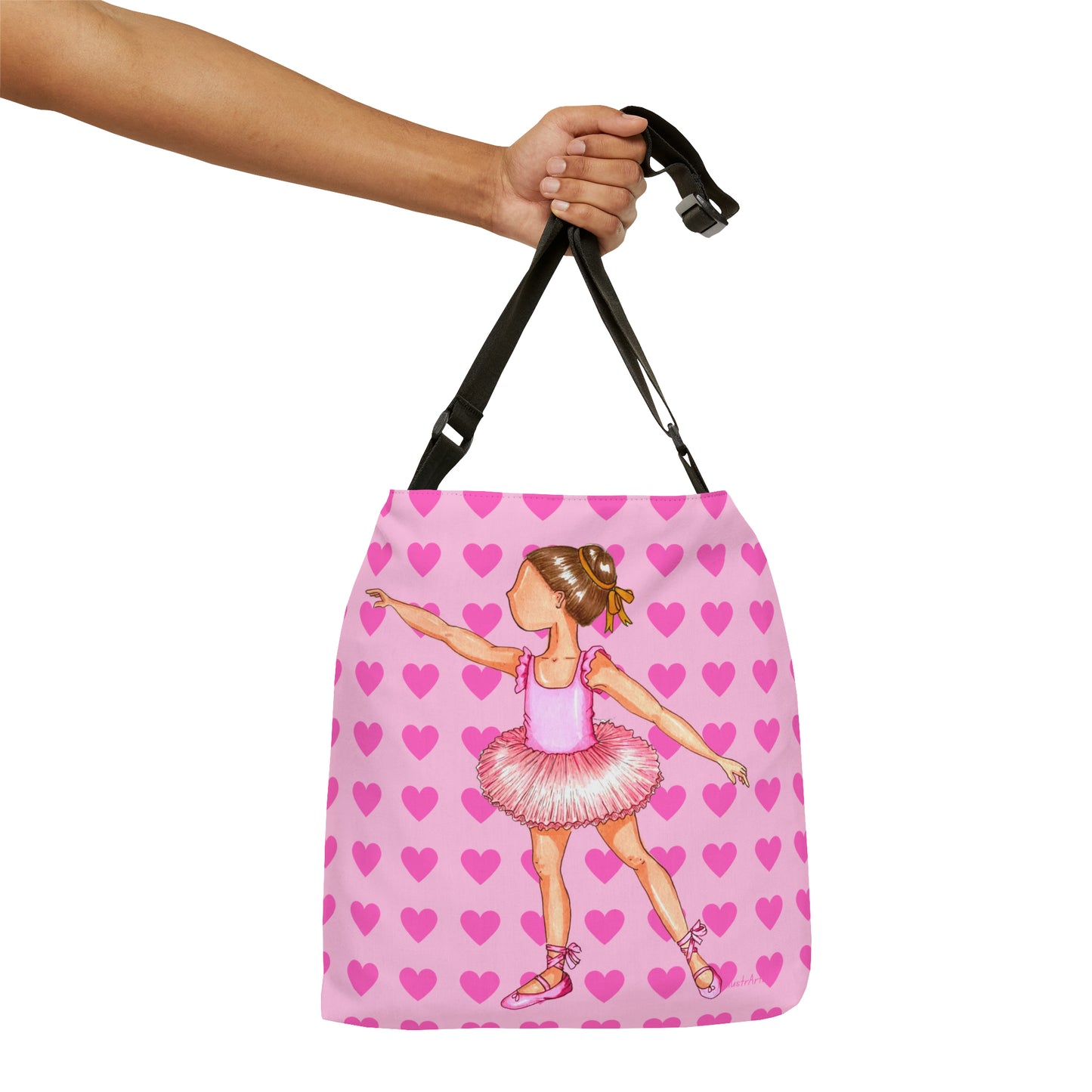 Ballerina Girl Tote Bag with zip, pink dress and pink hearts - IllustrArte