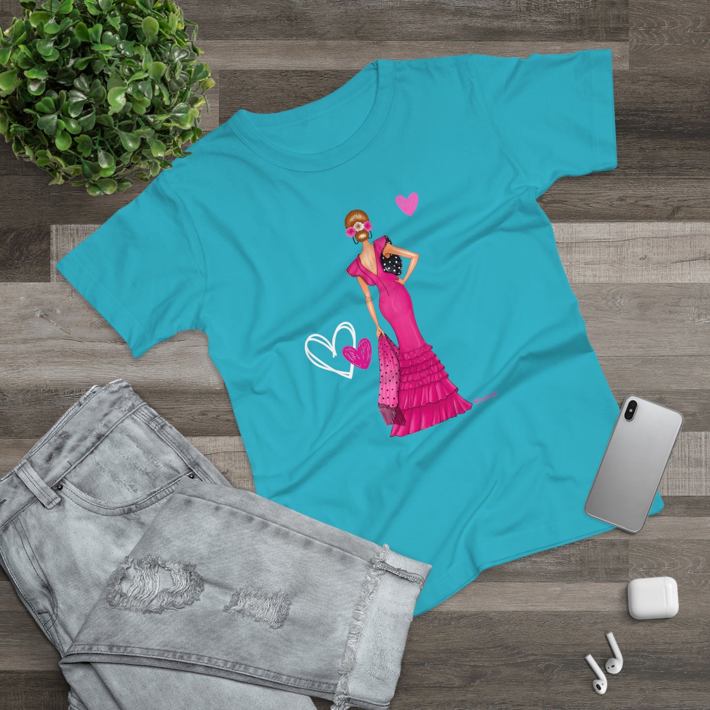 a t - shirt with a picture of a woman in a pink dress