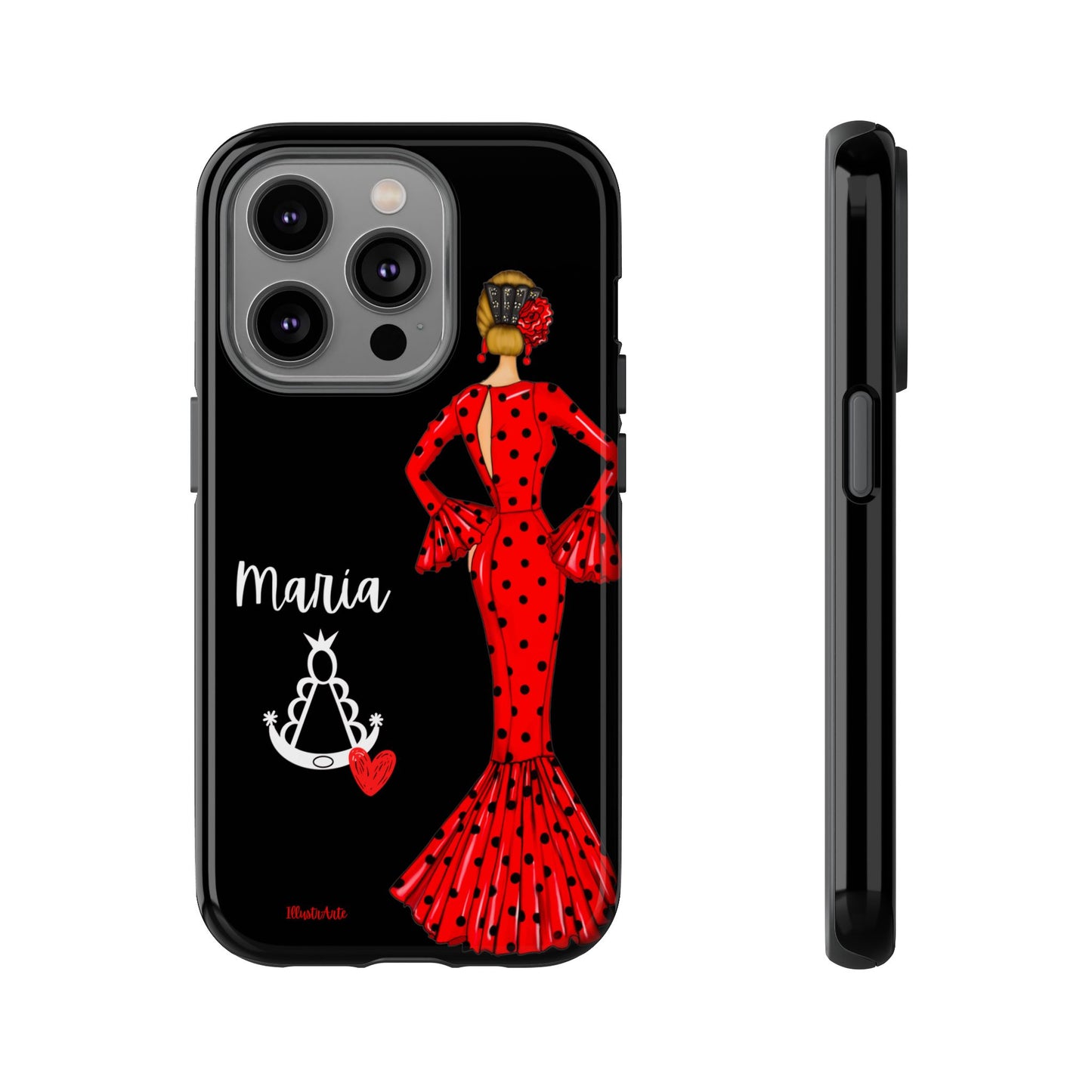 una funda de teléfono con una mujer en un vestido rojo