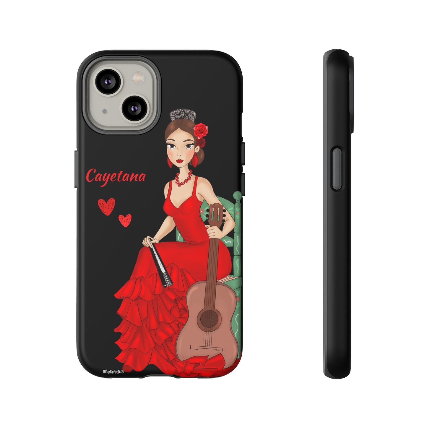 una funda de teléfono con una mujer en un vestido rojo sosteniendo una guitarra