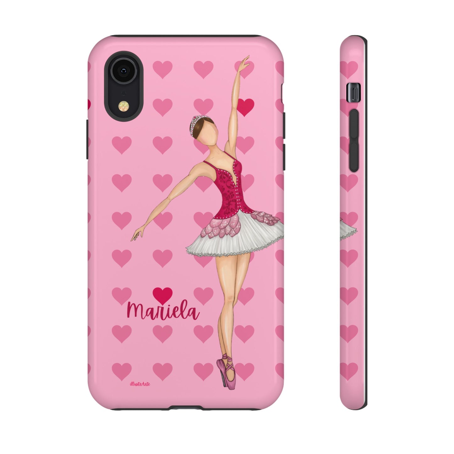 una funda de teléfono rosa con una bailarina en ella