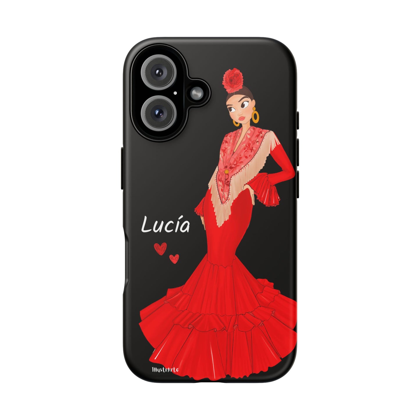 una funda de teléfono con una mujer en un vestido rojo