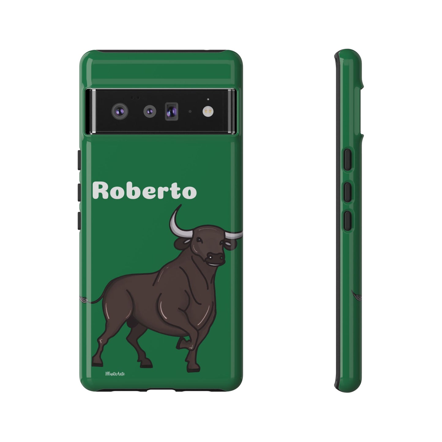 una funda de teléfono verde con un toro en ella