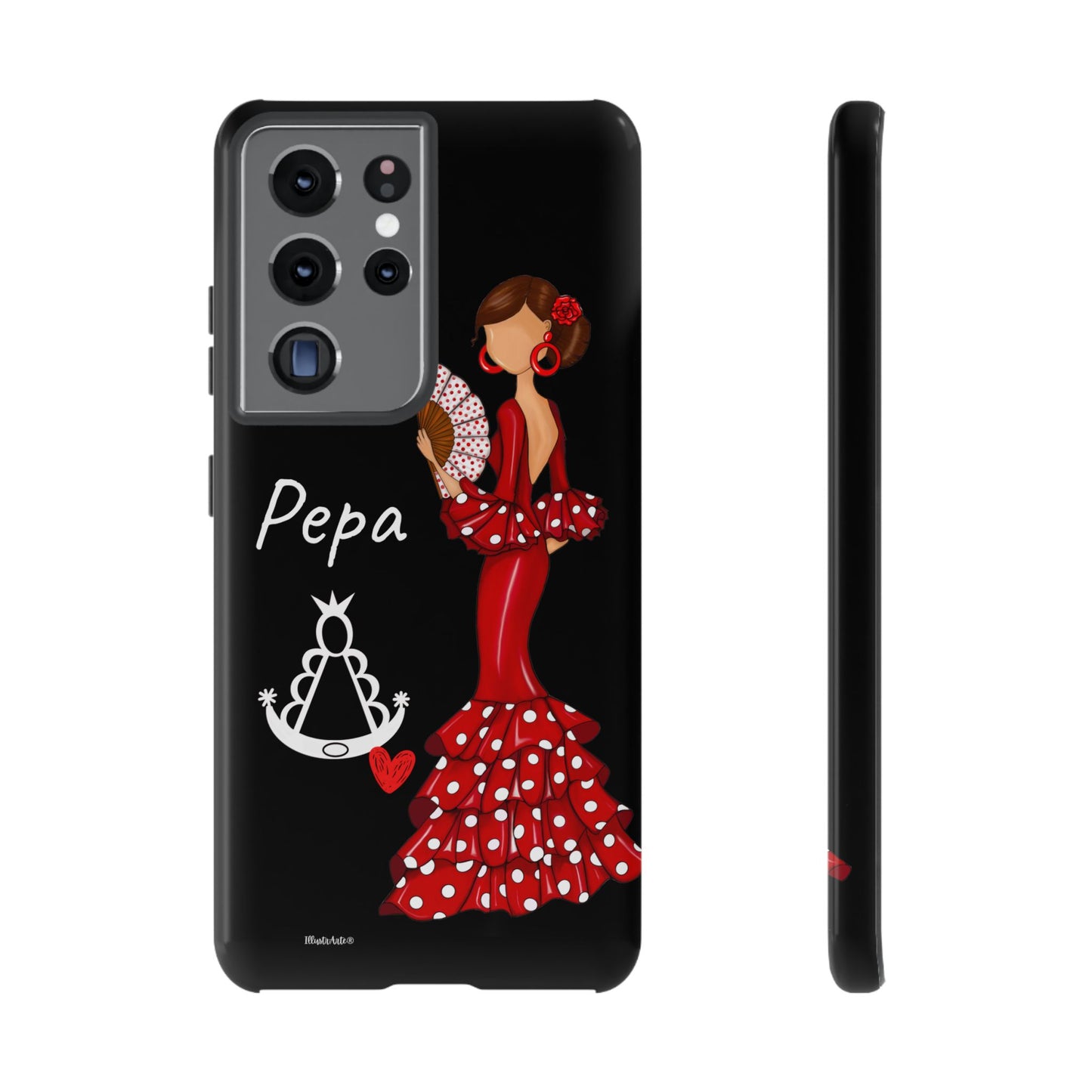 una funda de teléfono con una mujer en un vestido rojo