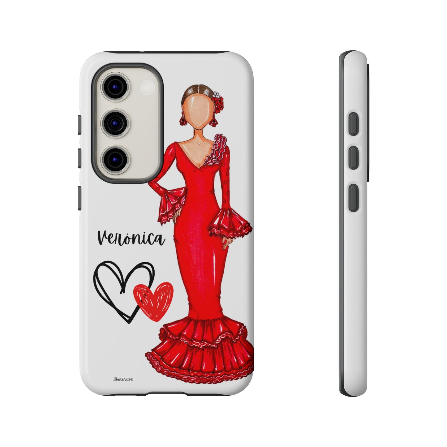 una funda de teléfono con un dibujo de una mujer en un vestido rojo