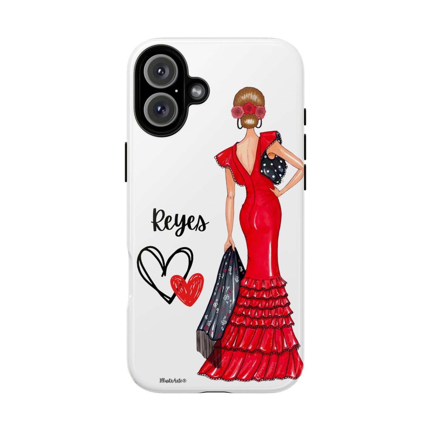 una funda de teléfono con una mujer en un vestido rojo