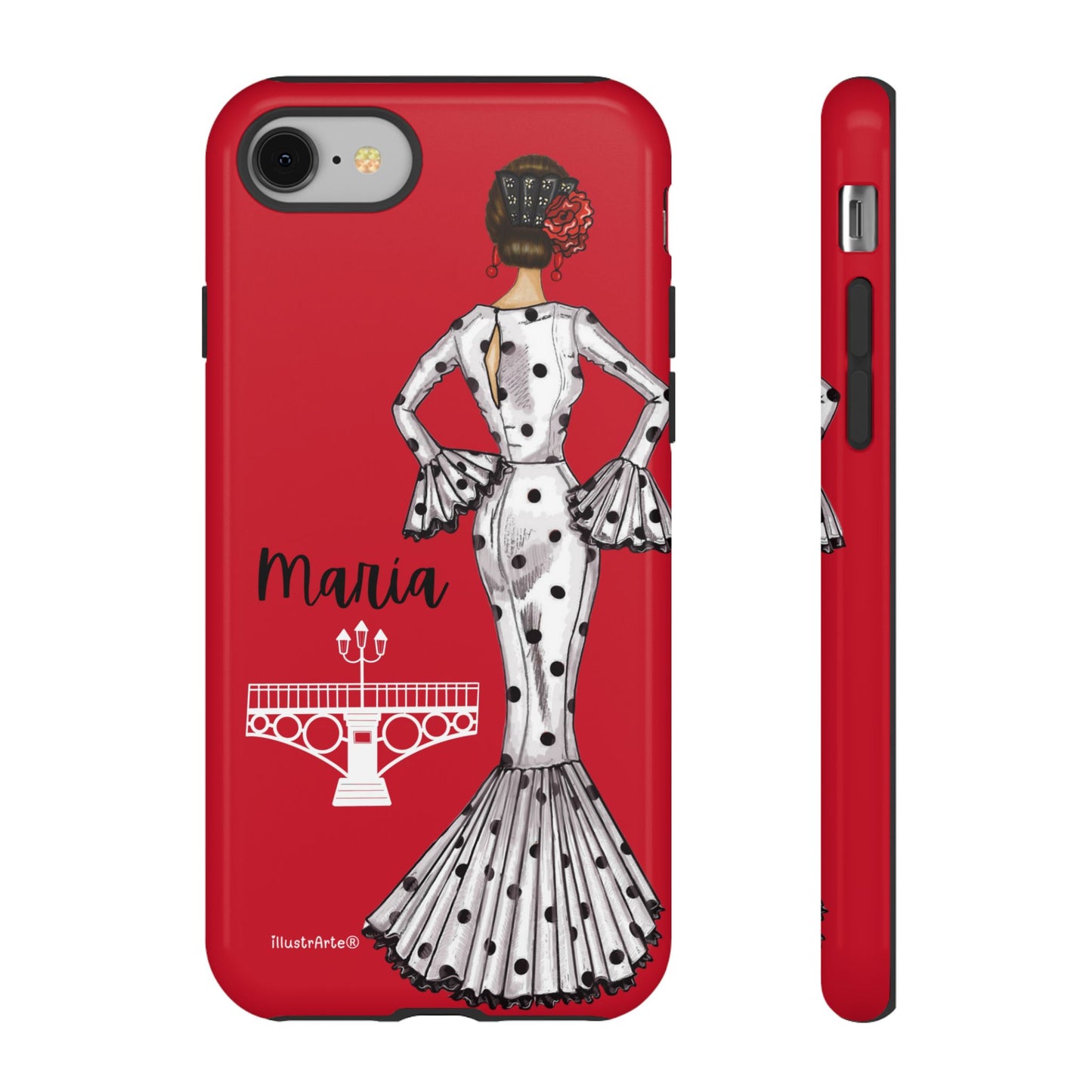 Funda de teléfono personalizable con ilustración de flamenca María, ideal para iPhone, Samsung Galaxy y Google Pixel.