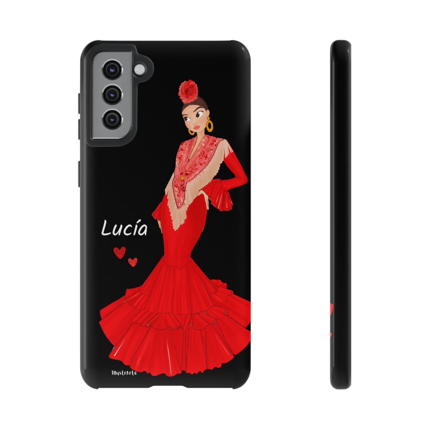 una funda de teléfono con una imagen de una mujer en un vestido rojo