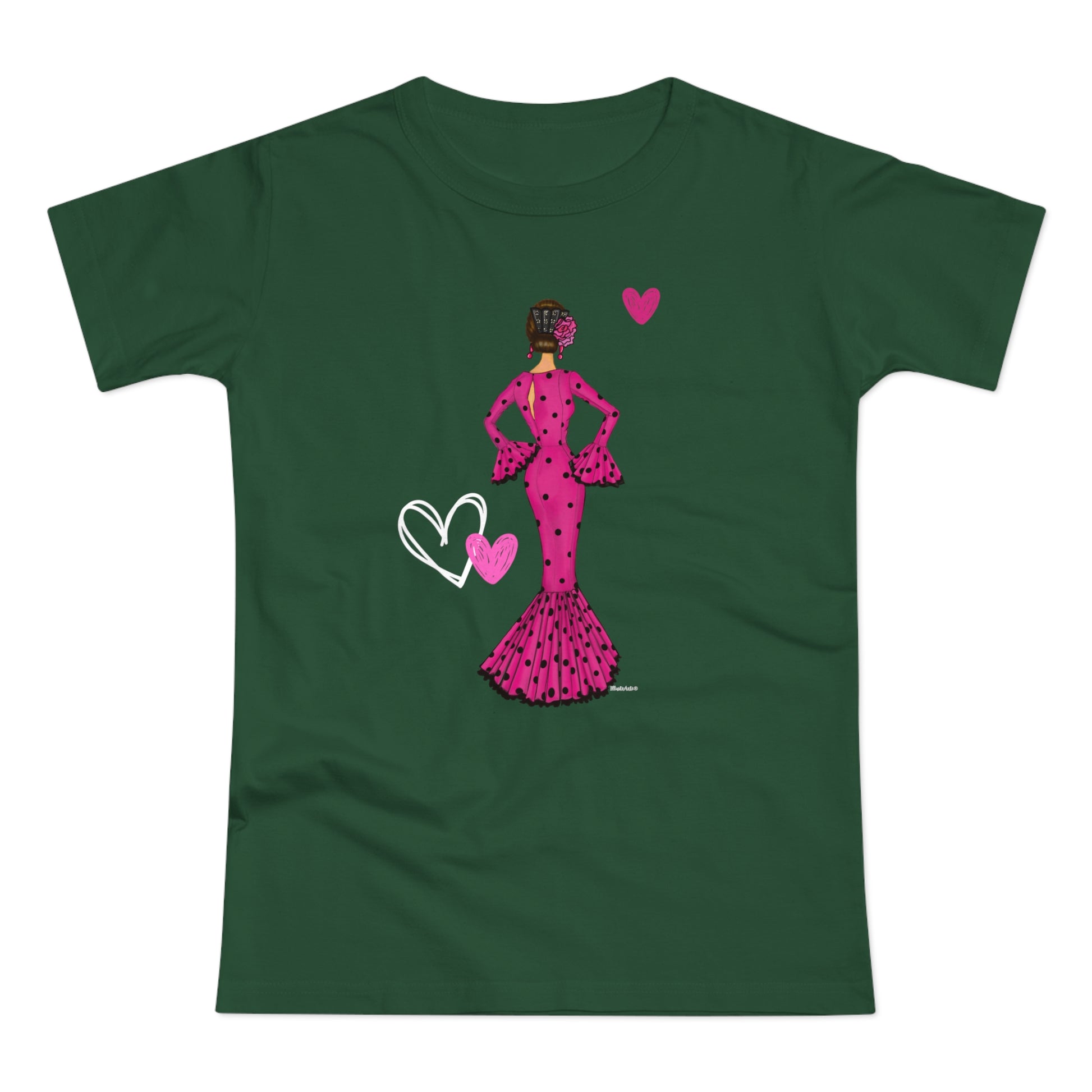 a t - shirt with a woman in a pink dress holding a heart