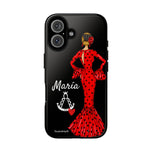 Personalised phone case flamenco dancer María, red dress, with a little Virgin Mary for iPhone 16, gloss finish – illustrArte
