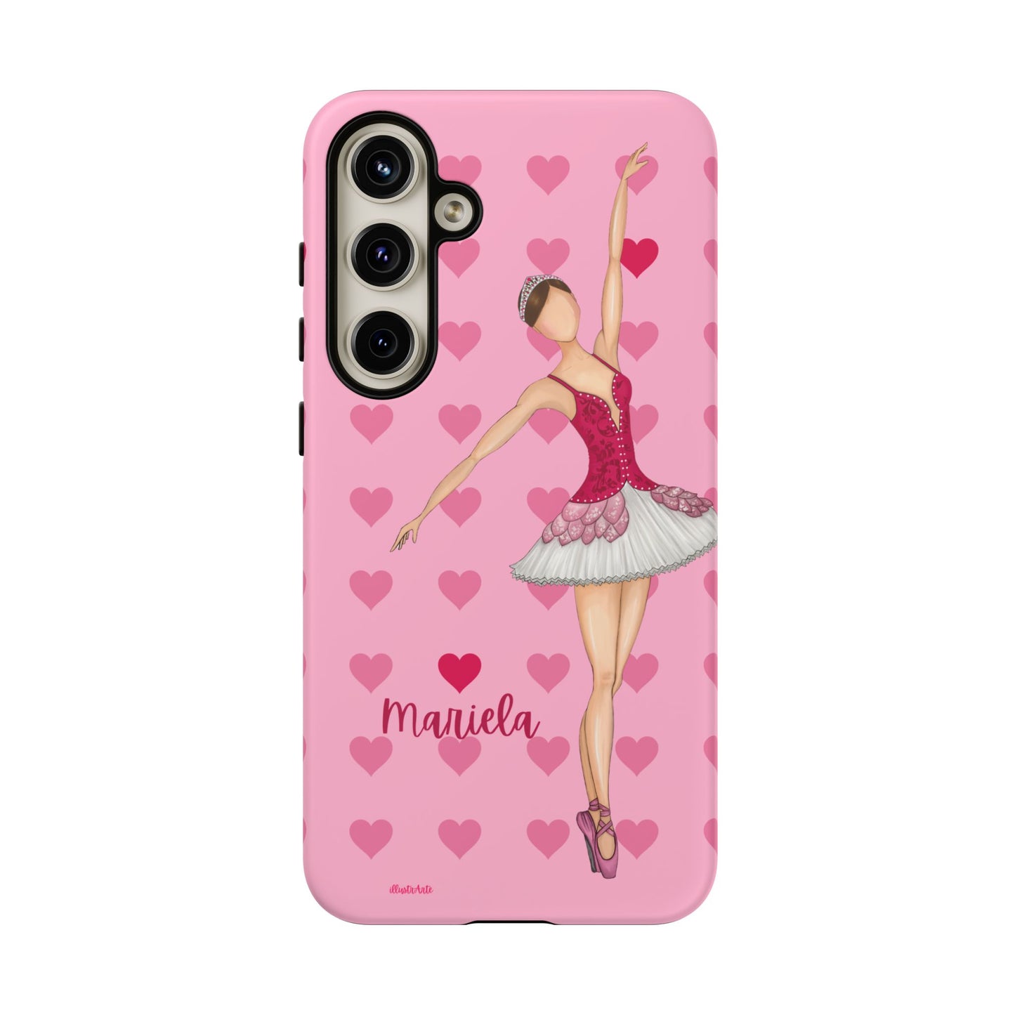 una funda de teléfono rosa con una bailarina en ella