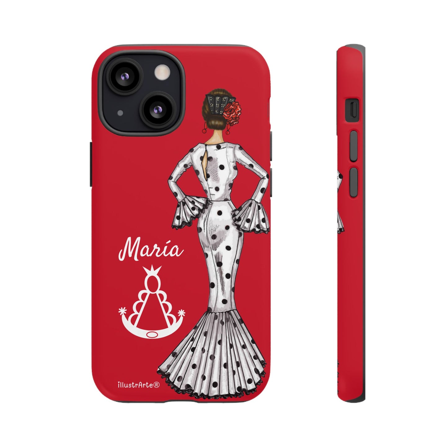 Capa de telefone personalizável com nome/bandeira/Virgem - modelo White Mary com Virgen del Rocío para iPhone, Samsung e Google Pixel