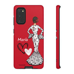 Personalised phone case flamenco dancer María Blanco, red background, with hearts for Samsung Galaxy S20, gloss finish – illustrArte