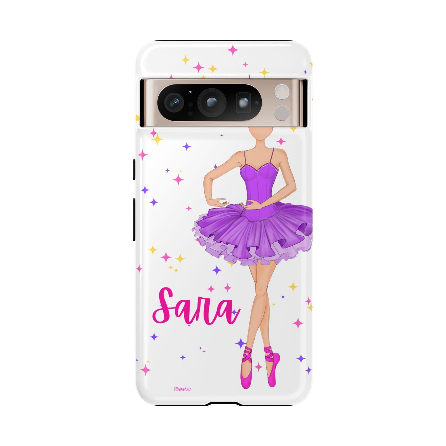 una funda de teléfono con una niña en un vestido púrpura