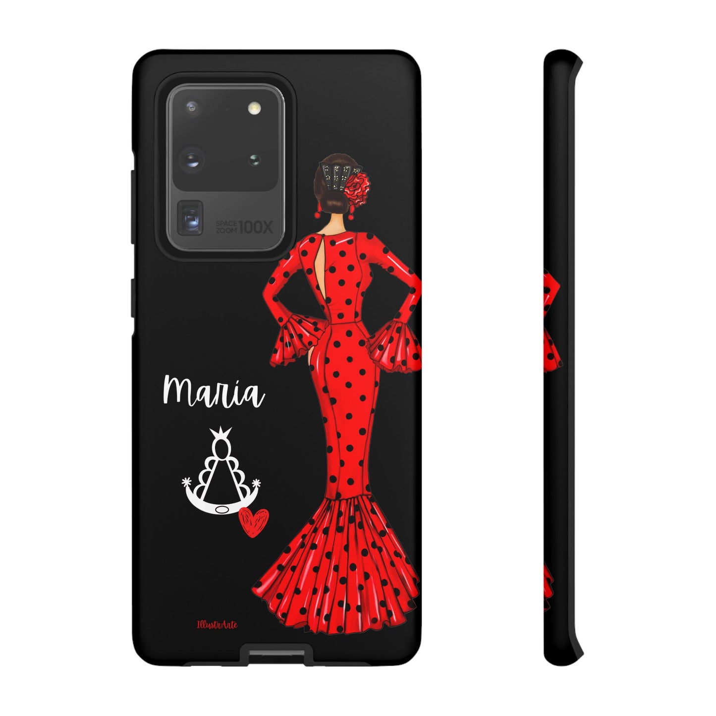 una funda de teléfono con una mujer en un vestido rojo