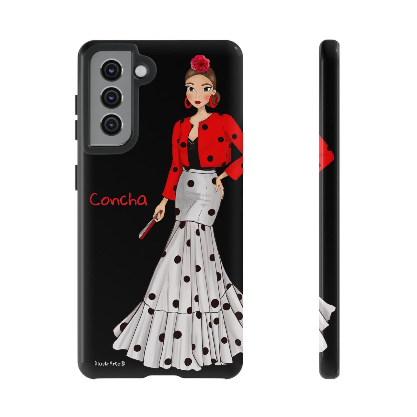 Funda de teléfono personalizable con acabado de alta calidad - Modelo Conchita fondo negro.