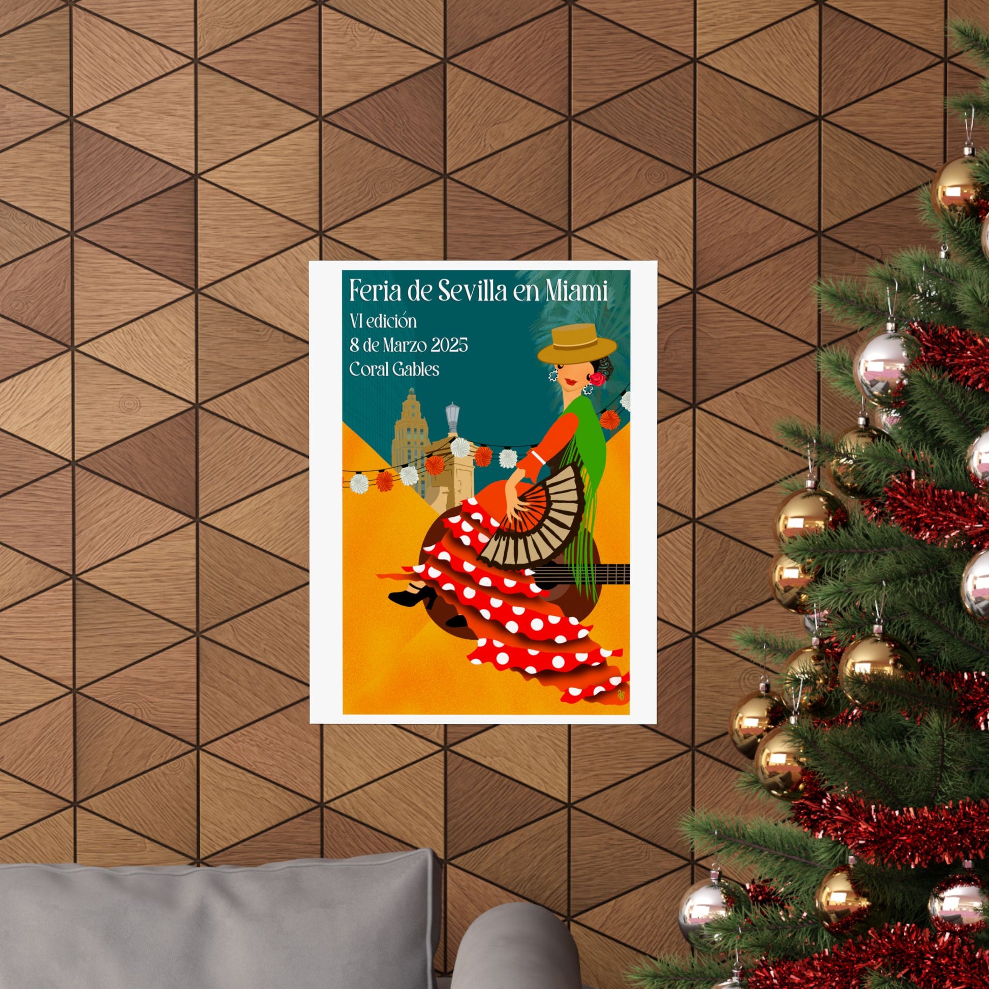 Póster de la Feria de Sevilla en Miami, arte flamenco vibrante que agrega un toque de celebración y creatividad a cualquier ambiente.