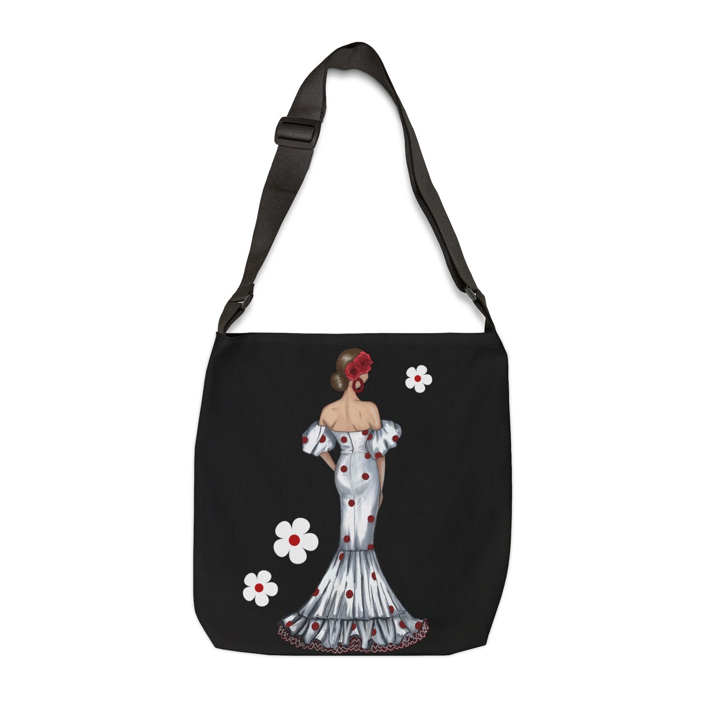 a black bag with a lady in a dress and flowers on it