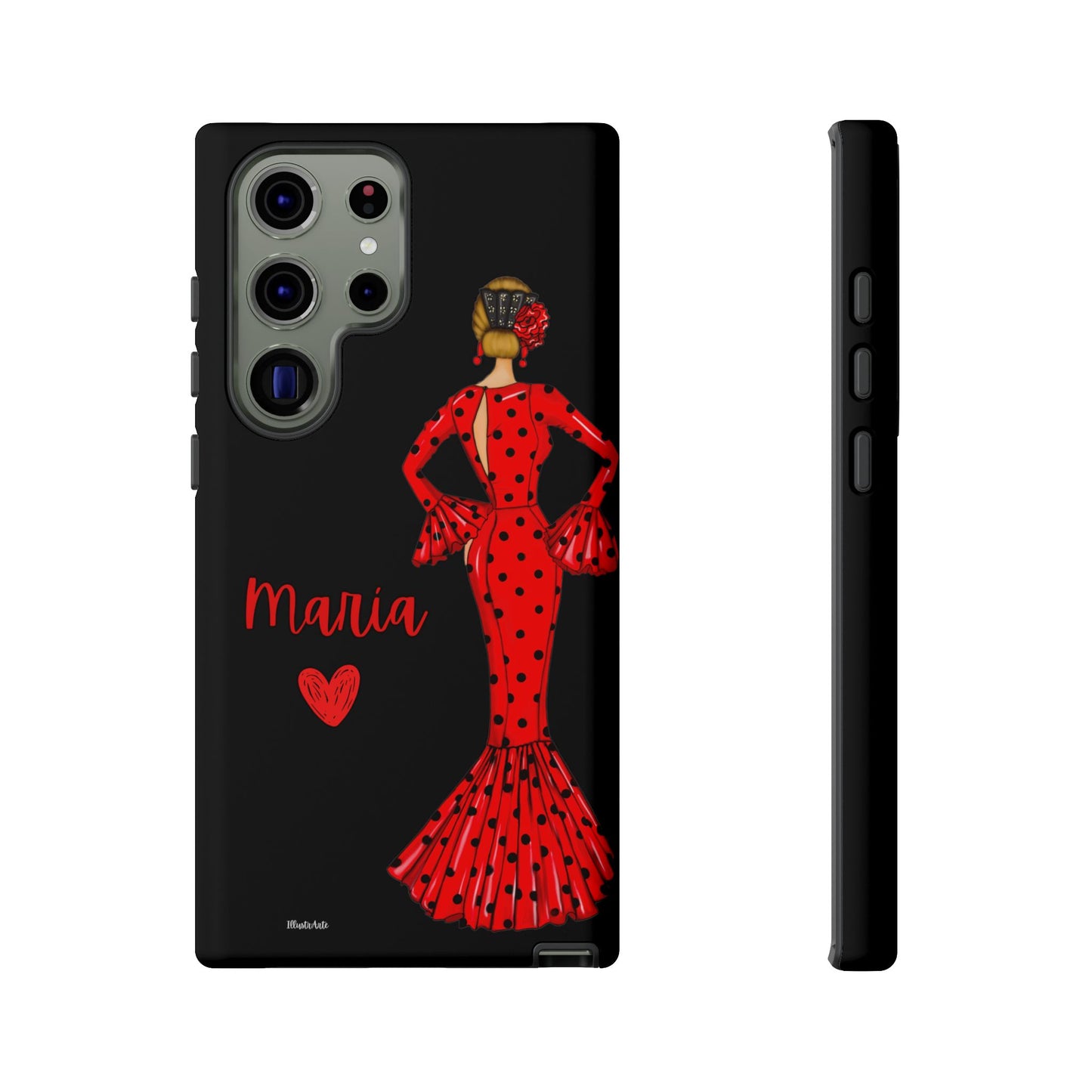 una funda de teléfono con una mujer en un vestido rojo