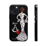 Personalised phone case flamenco dancer María Blanco, with the Virgen del Rocío for iPhone 13 Mini, gloss finish – illustrArte