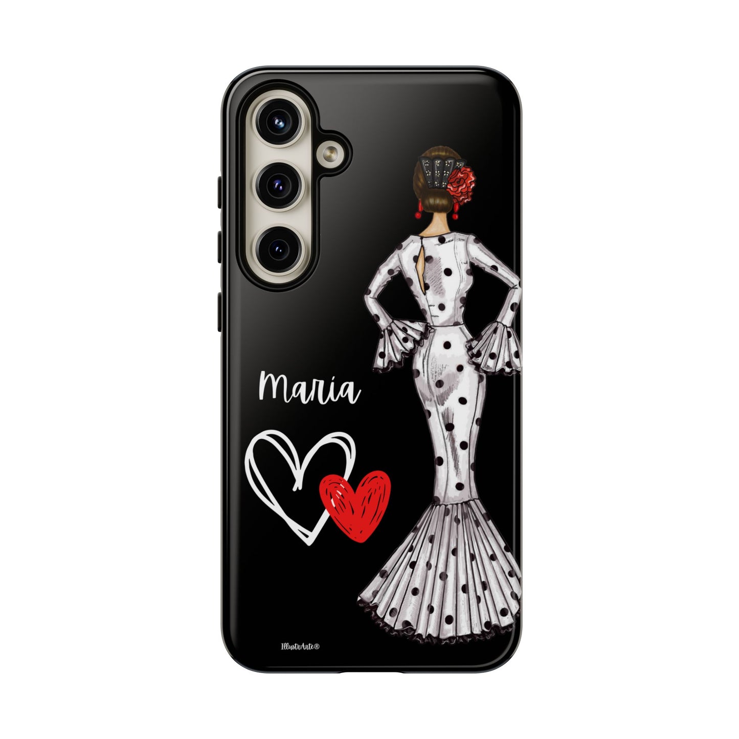 una funda de teléfono en blanco y negro con una mujer en un vestido de lunares