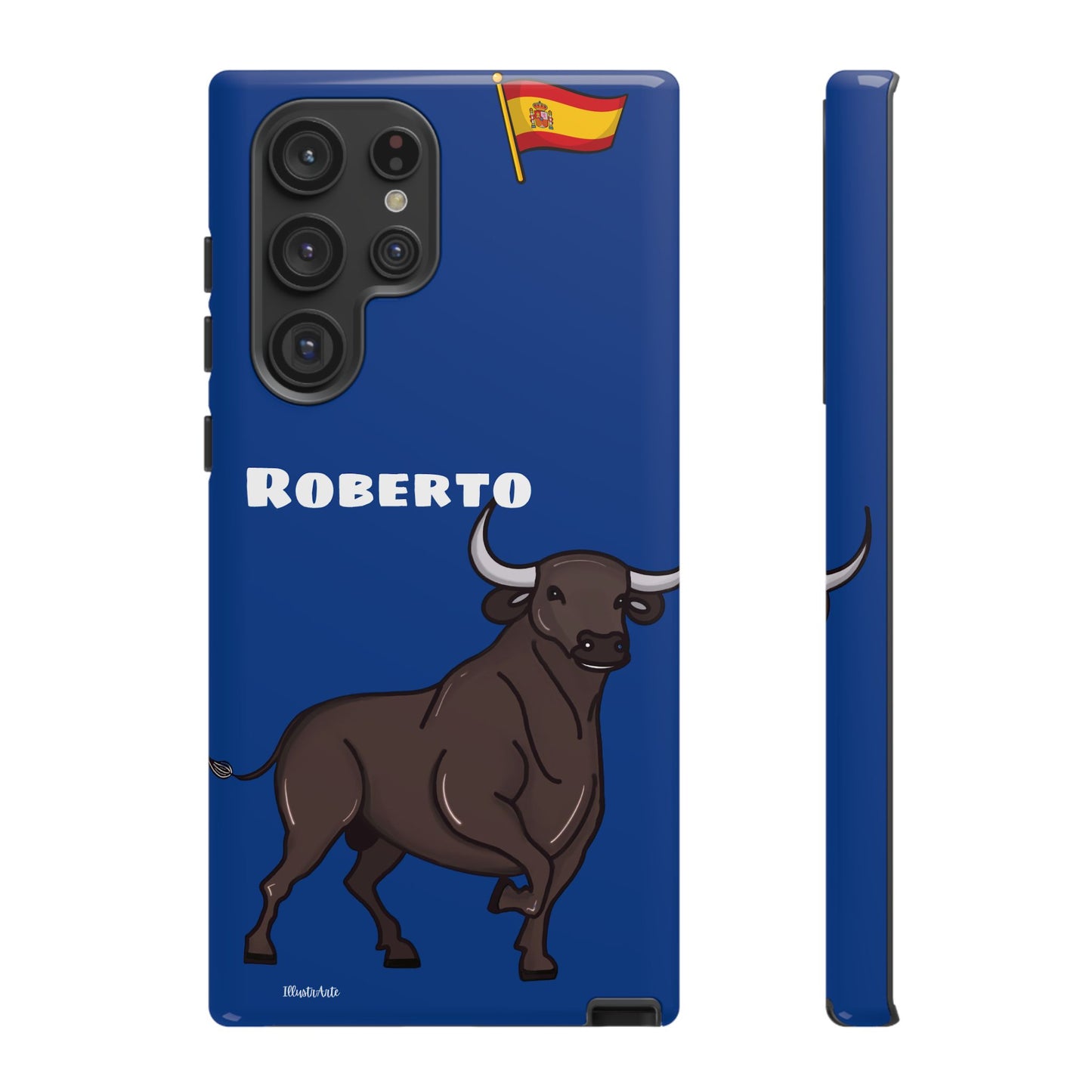 Funda de teléfono personalizable con nombre/bandera/Virgen - Modelo Toro Roberto que muestra su uso creativo y funcional.