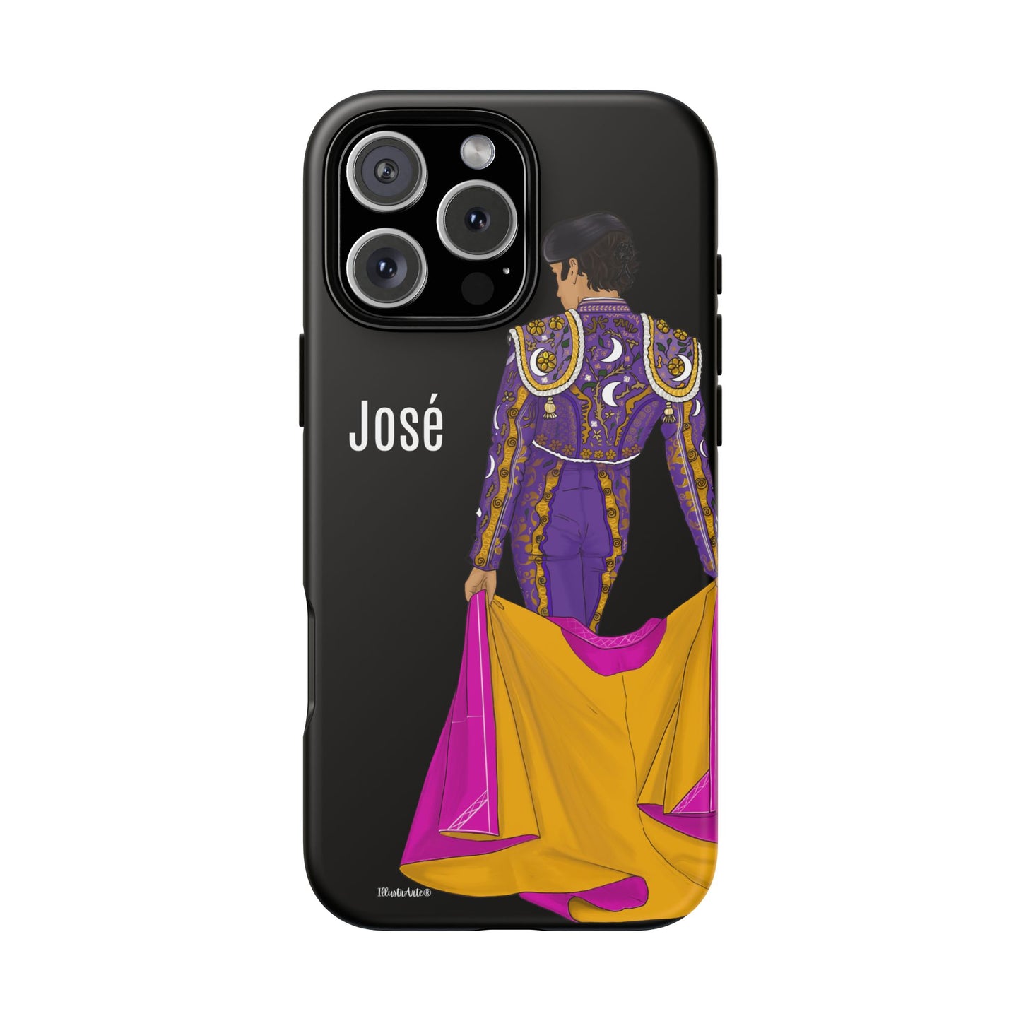 una funda de teléfono con una imagen de una mujer en un traje morado y amarillo