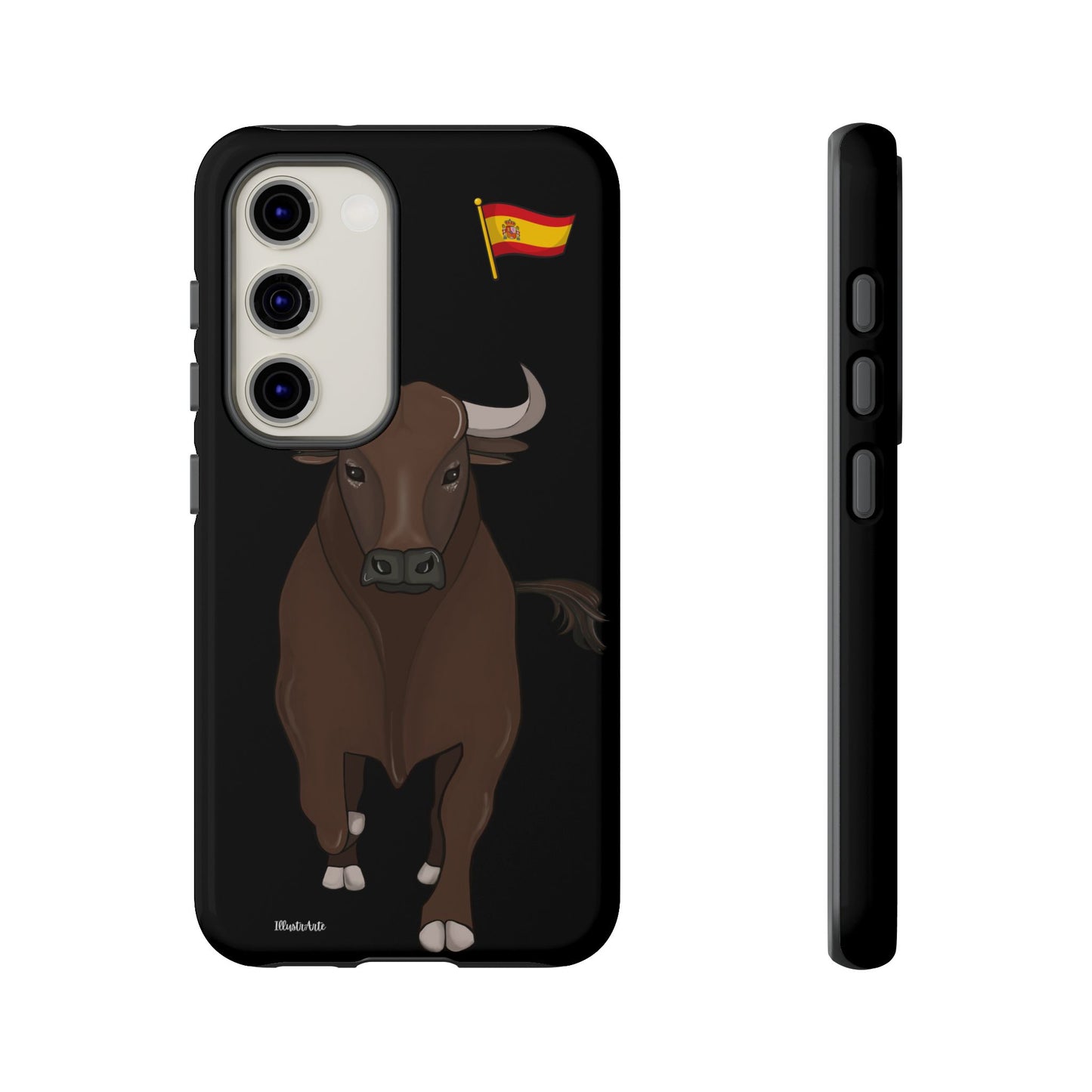 Funda de teléfono personalizable modelo toro Manuel en un ambiente festivo.