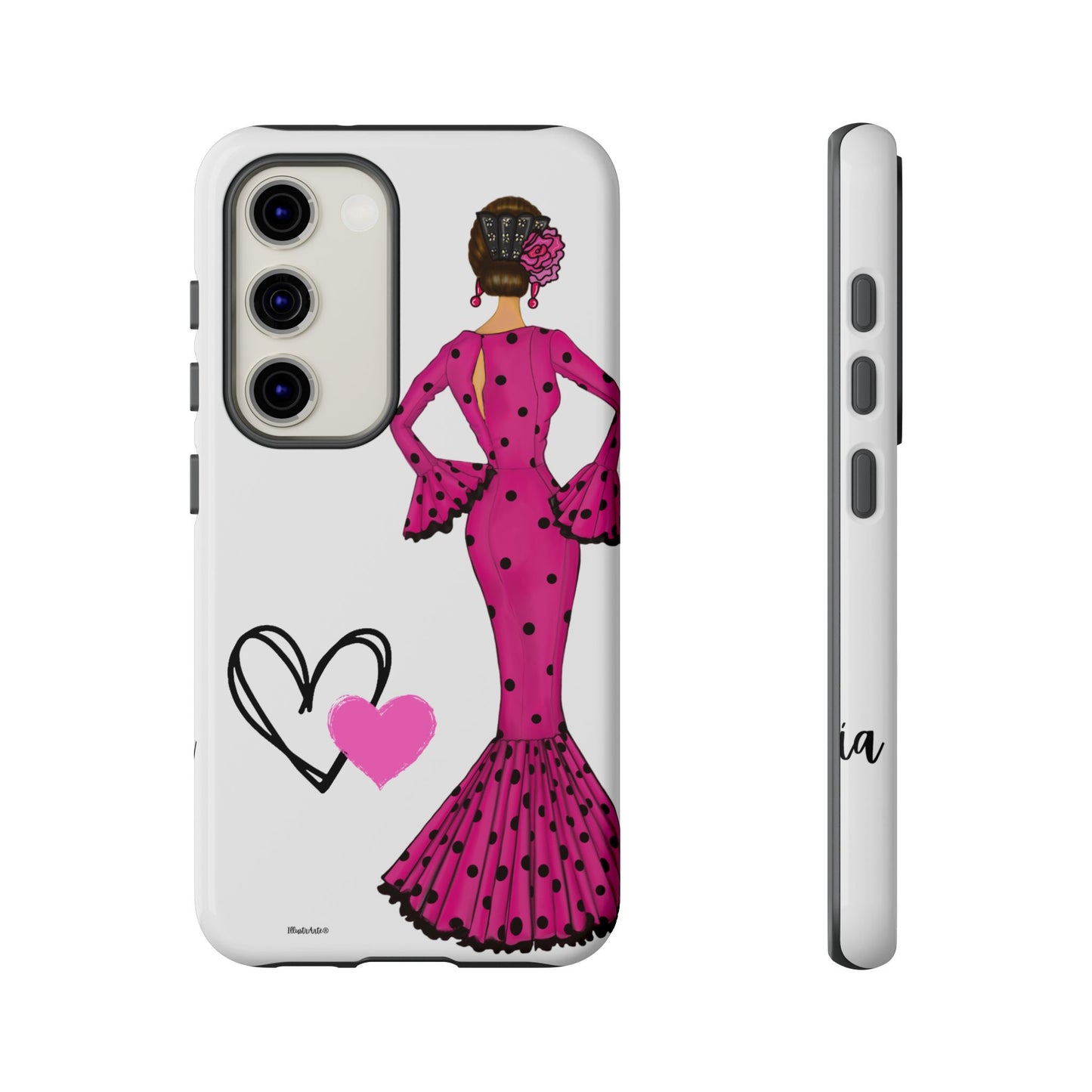 una funda de teléfono con una mujer en un vestido rosa