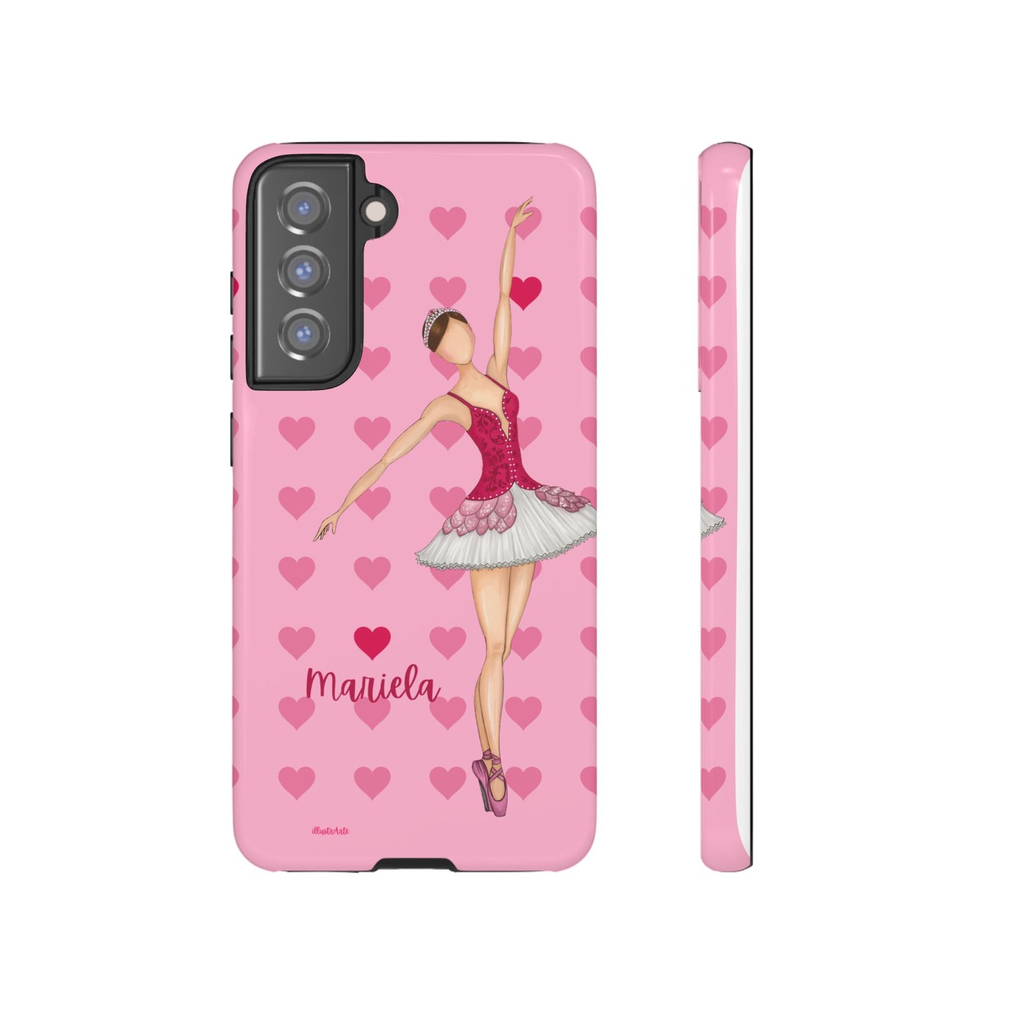 una funda de teléfono rosa con una bailarina en ella