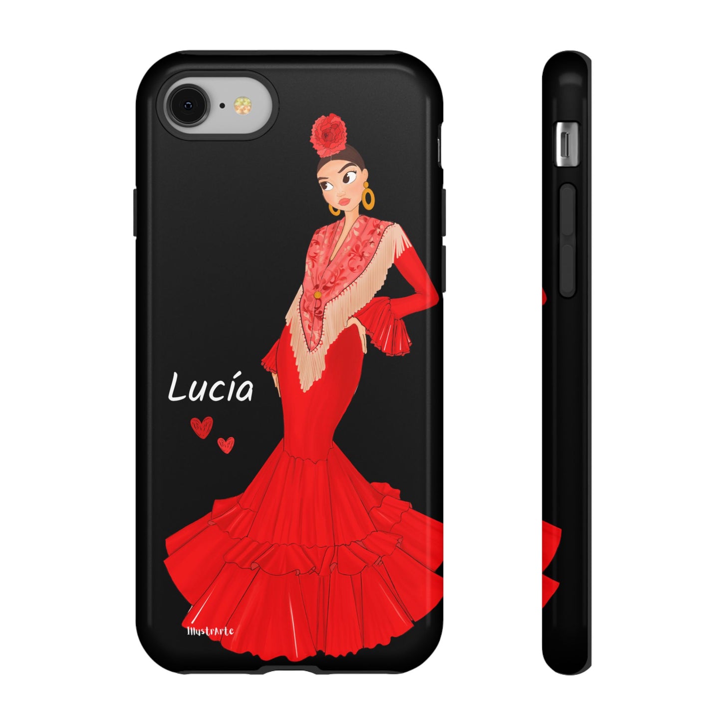 una funda de teléfono con una mujer en un vestido rojo