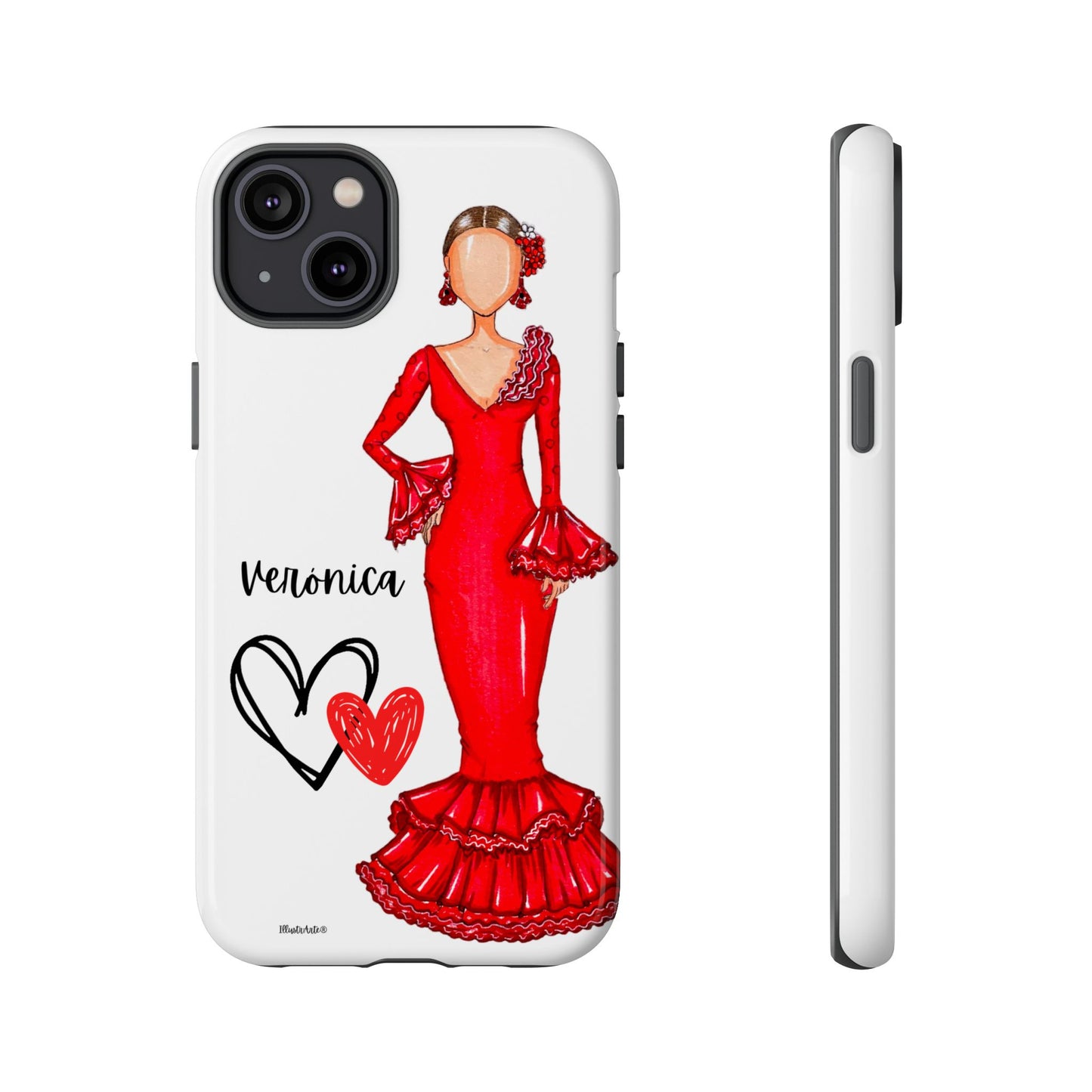 una funda de teléfono con una mujer en un vestido rojo