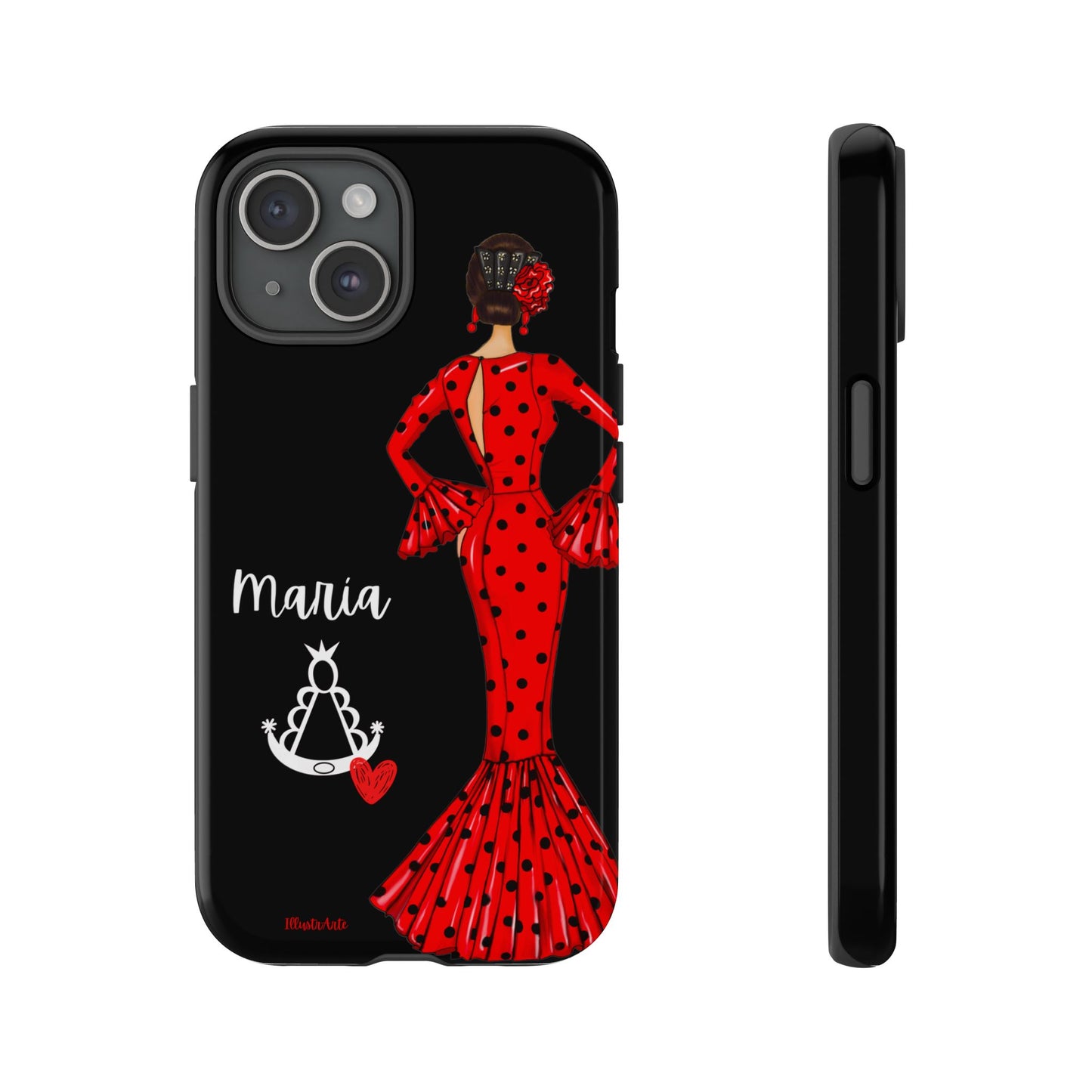 una funda de teléfono con una mujer en un vestido rojo