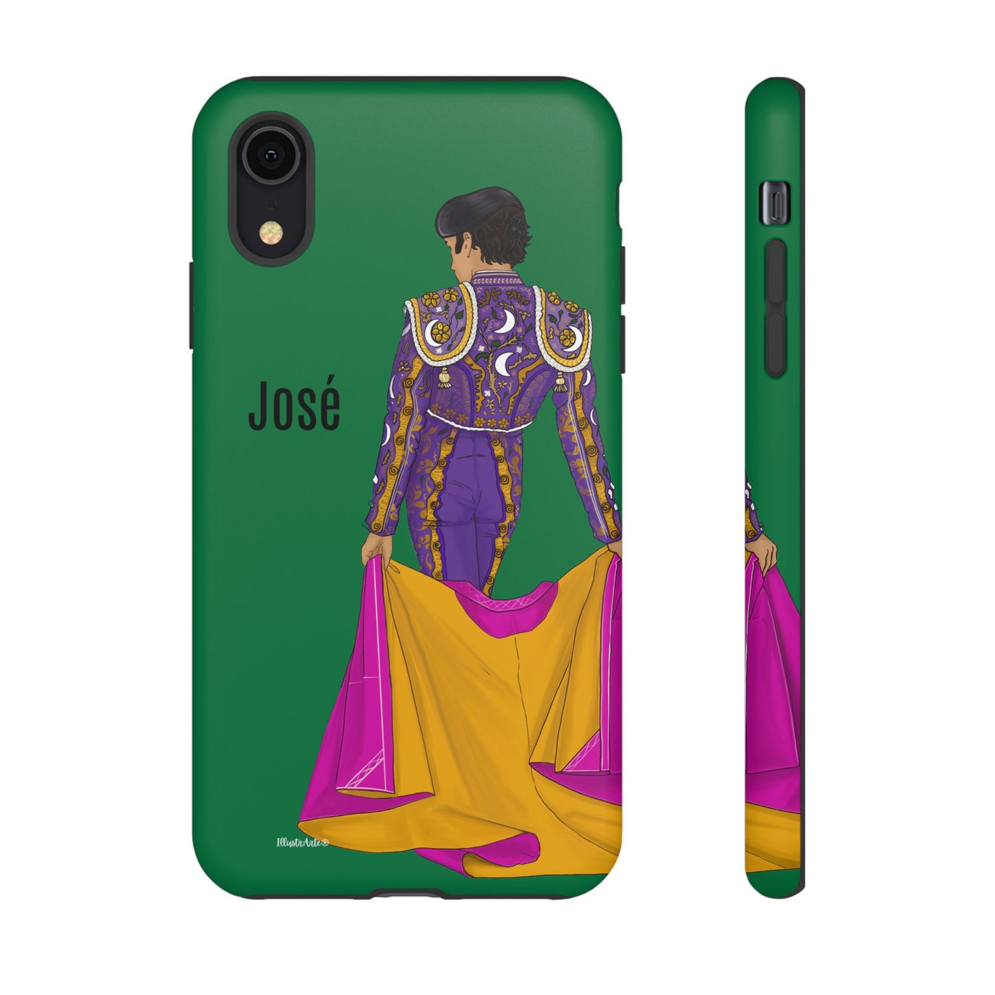 una funda de teléfono verde con una imagen de una mujer en un atuendo púrpura y amarillo