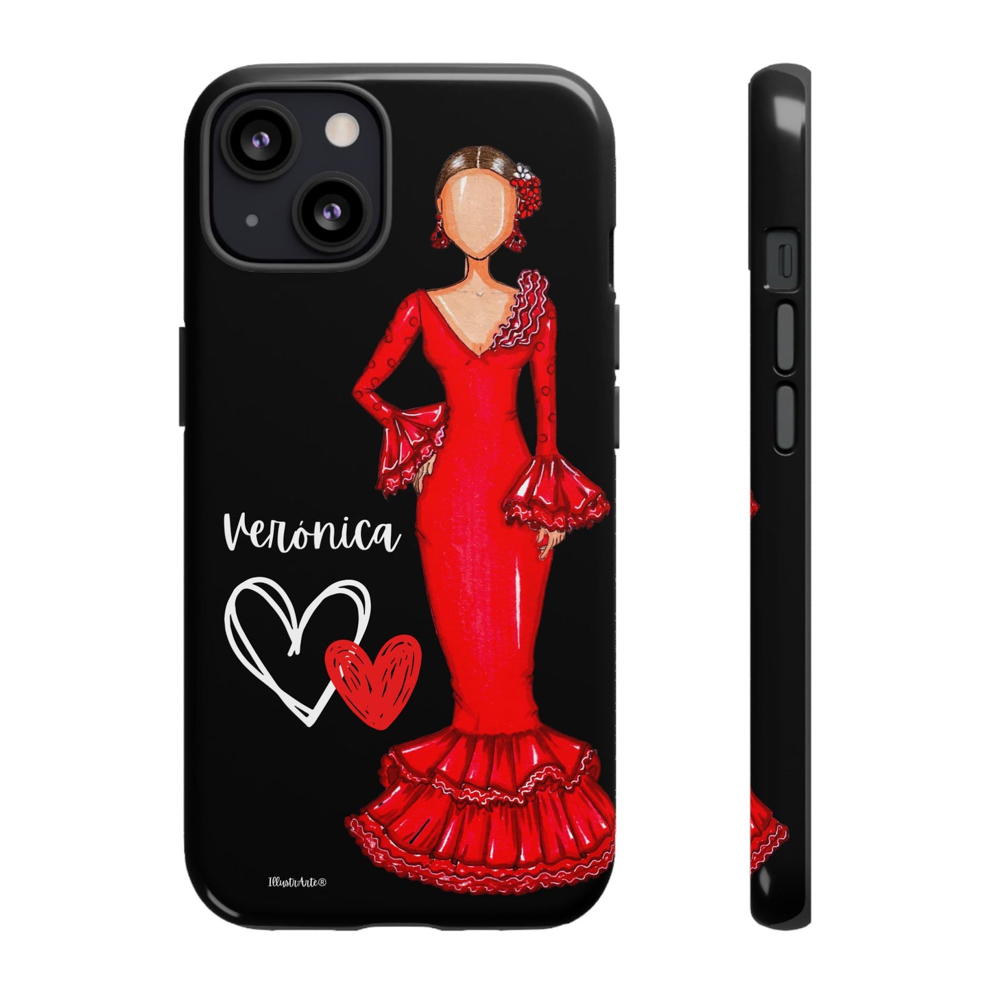 una funda de teléfono con una imagen de una mujer con un vestido rojo