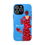 Personalised phone case flamenco dancer Macarena, blue background for iPhone 16 Pro Max, gloss finish – illustrArte