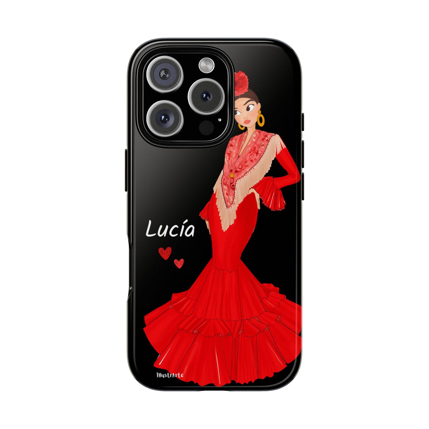 una funda de teléfono con una mujer en un vestido rojo